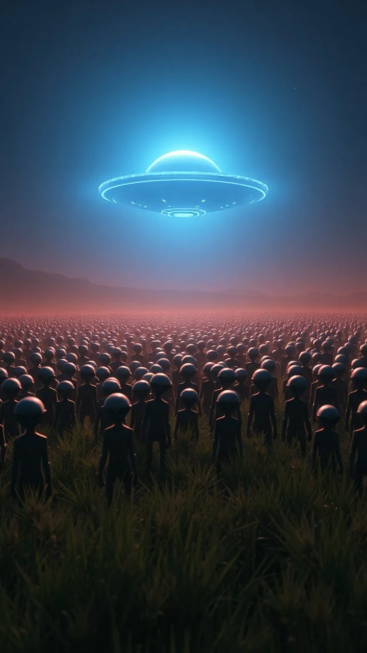 A field of thousands aliens at the end of the picture a blue dark ufo object , cinematic, 8k