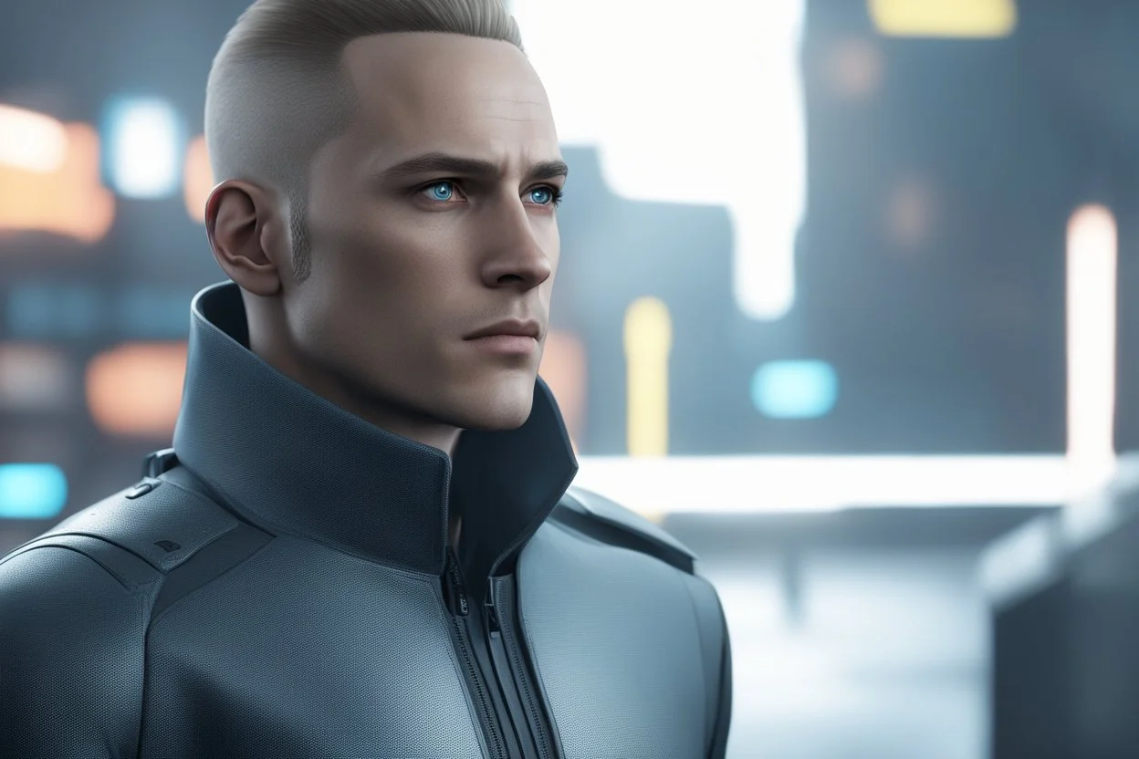 Markus in 8k anime cgi artstyle, Detroit become human them, normal eyes, close picture, neon effect, rain, apocalypse, intricate details, highly detailed, high details, detailed portrait, masterpiece,ultra detailed, ultra quality