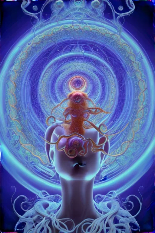 Spiritual being with Tentacles over human Head creating reality around, wrapping Spiral around Human, Psychedelic