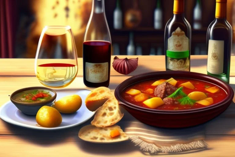 a good garlic Brasov stew with potatoes and a glass of chilled wine