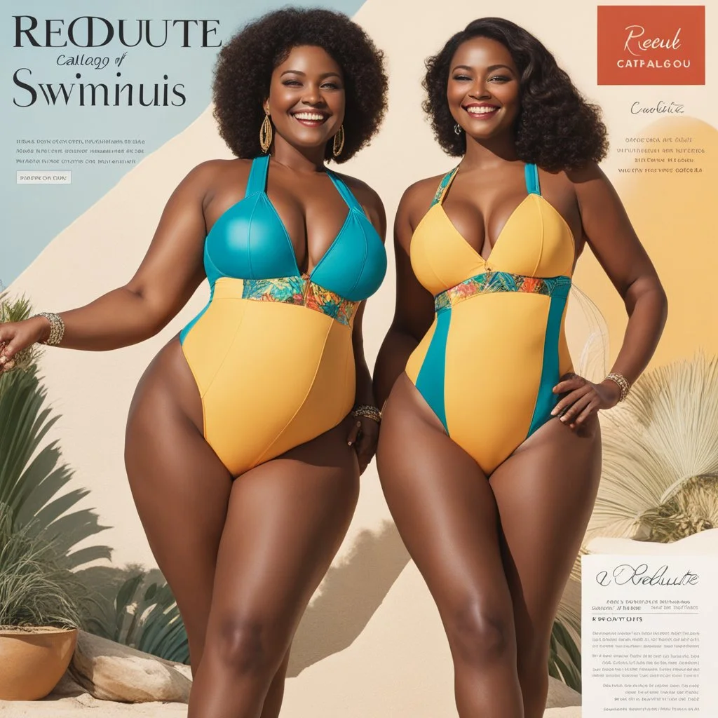 le redoute catalogue de maillots de bain colorés échancrés qui couvrent les fesses: toutes tailles, deux femmes posent en souriant, enlacées. le detail des tailles et les descriptions sont écrites en arrière plan, deux belles et opulentes africaines