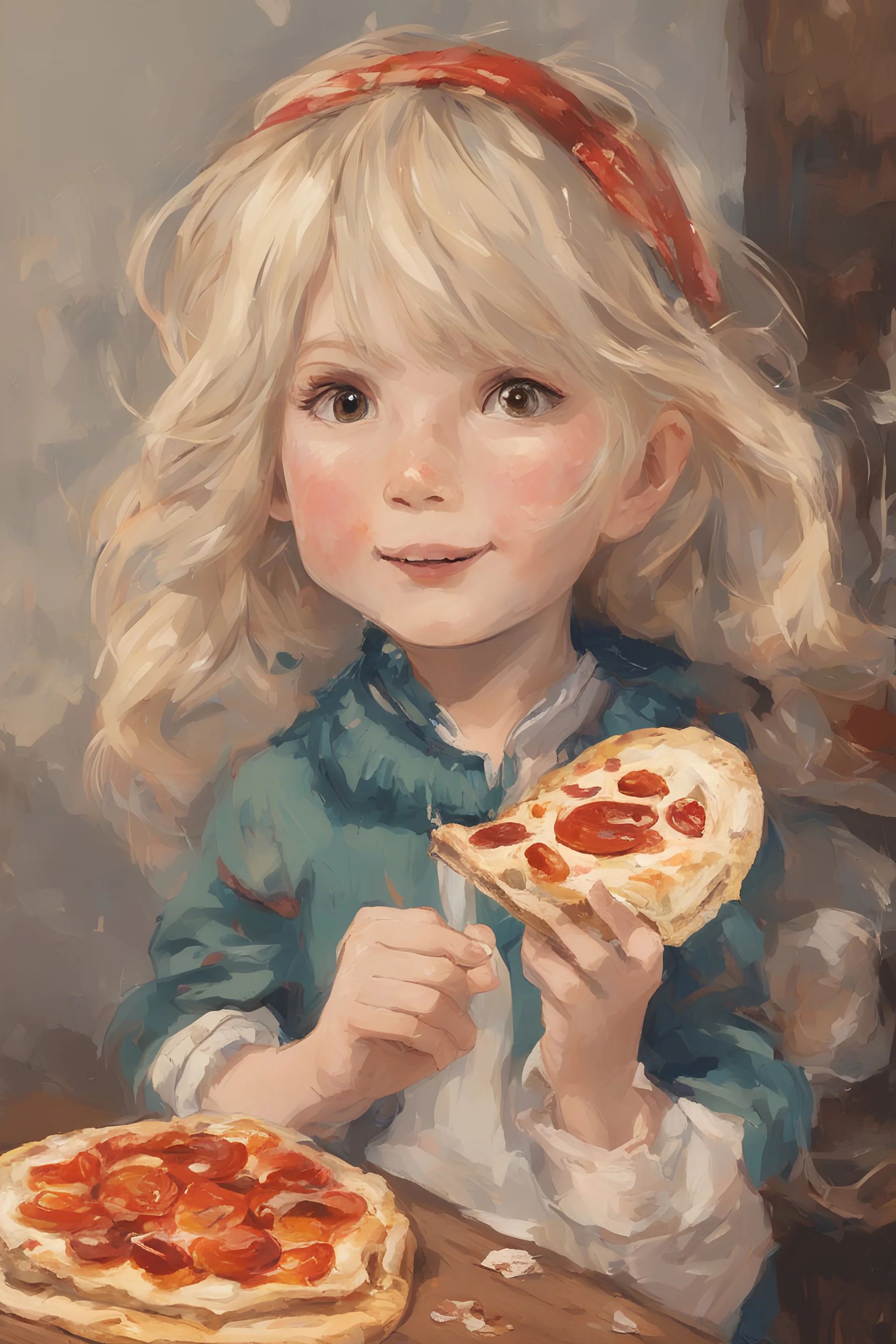 full color anime - a tiny little blonde girl in shorts and a turtleneck sweater eating a slice of pizza - digital art by Gilbert Stuart