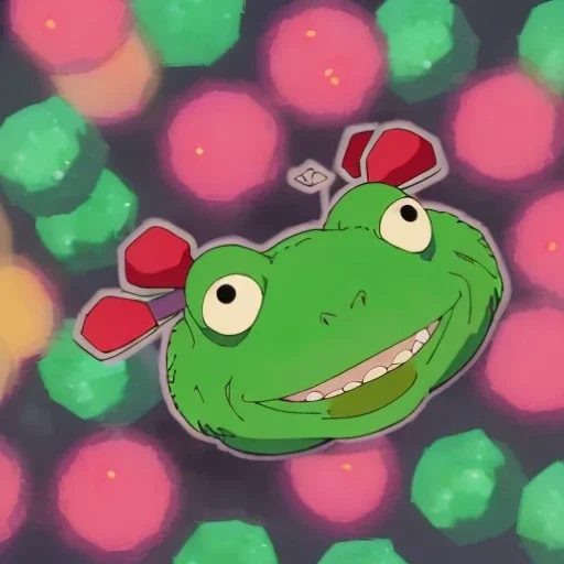 A green frog smiling, smiling with teeth, happy, fun. Night. Colorful market. Dark festival lights. Japanese lanterns. sparkle. Bokeh, fisheye. party. confetti. playful. dance. Saturated.