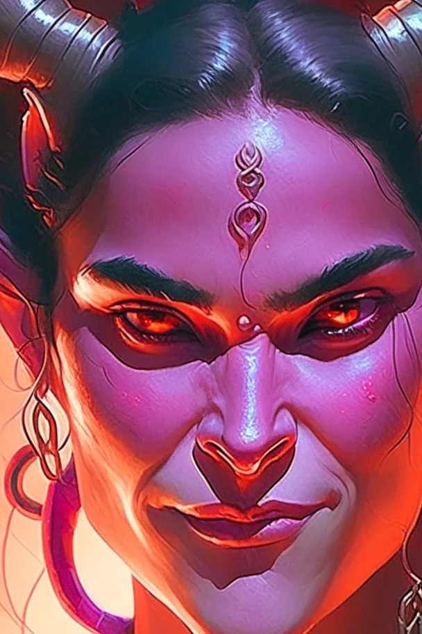 purple skin, glowing fiery eyes, smile, soft female face, beautiful, graceful, horns from forehead, pontail, black hair, sidebangs, looking up