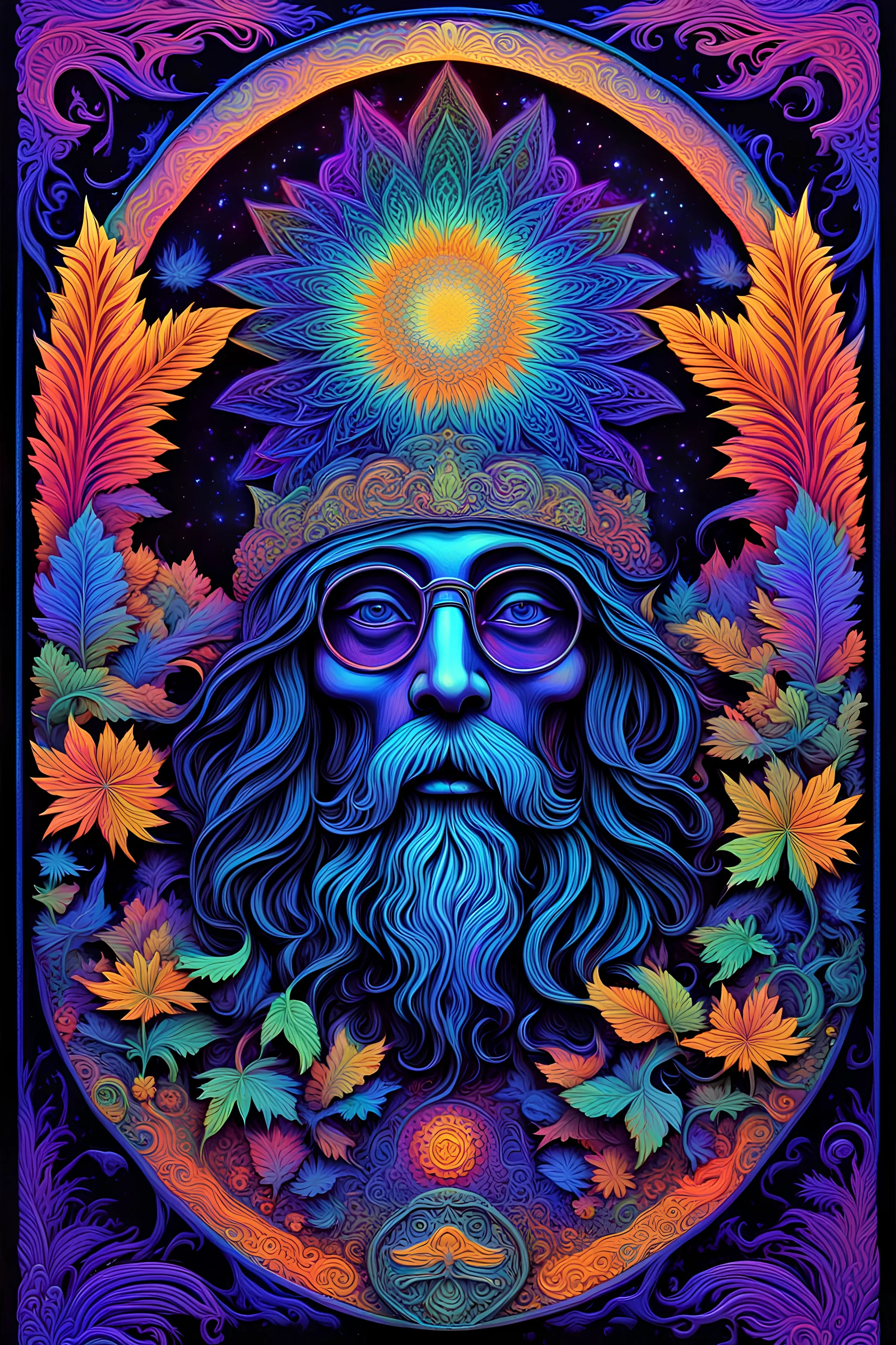Chris Robinson, 3D embossed textured ethereal image; midnight hues, extreme colors, a hippie Chris Robinson; trippin', psychedelic, groovy, art nouveau; indica, sativa, leaves, gig poster art, macabre, eldritch, bizarre, extreme neon colors, mixed media, velvet, blacklight, uv