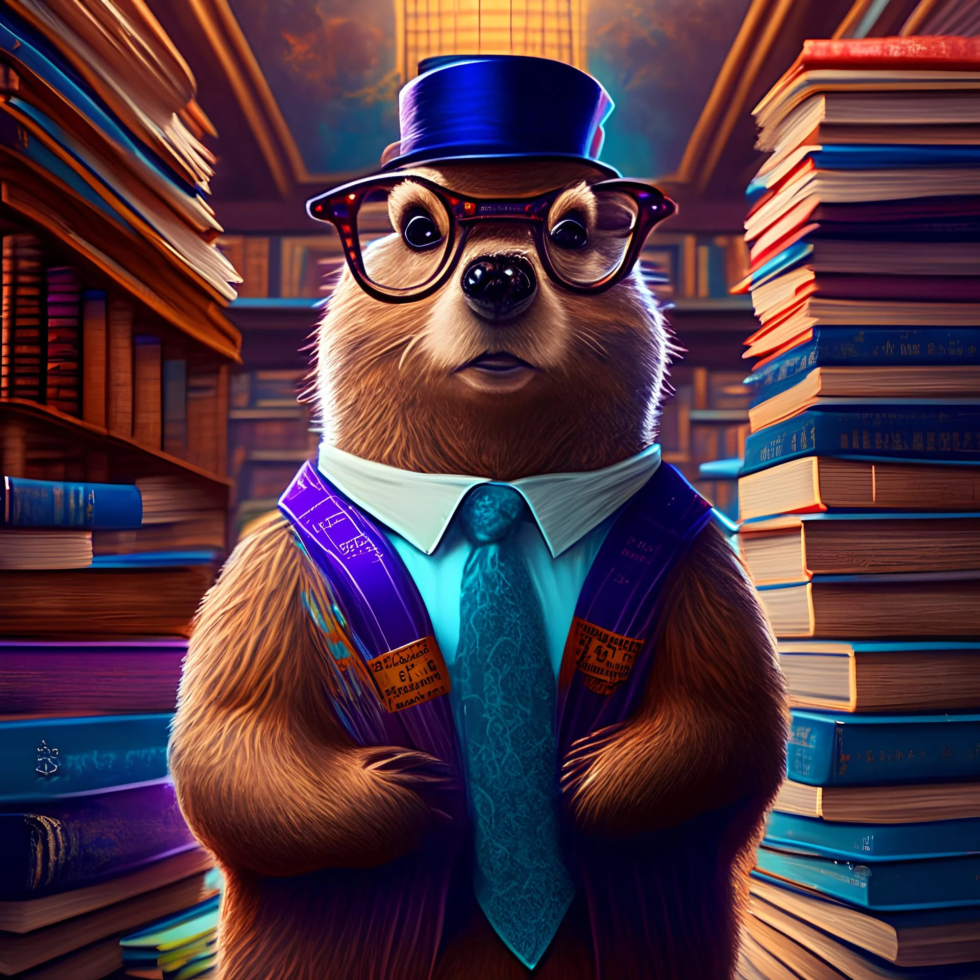 a photograph of a dignified beaver wearing glasses wearing gafas wearing glasses, a vest, and colorful neck tie. He stands next to a tall stack of books in a library