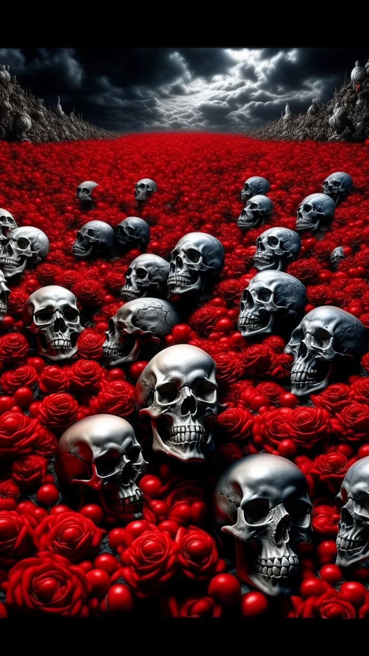 Bosch nightmares paining style Title:a field of human skulls all colored in black and white, on red rose standing in the middle , 8k artistic photography, photorealistic concept art, soft natural volumetric cinematic perfect light, chiaroscuro, award-winning photograph, masterpiece, oil on canvas, Raphael, Caravaggio, Greg Rutkowski, people, beksinski, Giger