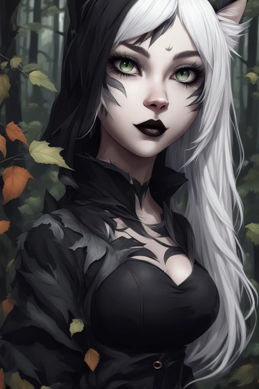 CAT GIRL, goth, forest, nature, cartoon, leaves, half black half white hair, boobs, portrait