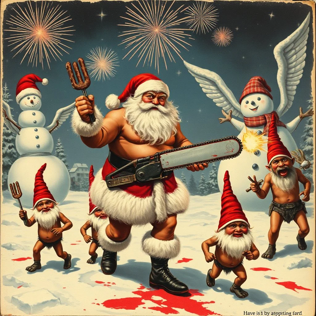 there is no kebabs at christmas, evil naked Santa, evil naked gnomes running around, staring flaming eyes, evil naked Rudolf, very big evil melting angry Frosty the snowman in background, 1940 christmas postcard, blood stains, Flying angels, Santa holding a chainsaw, fireworks,