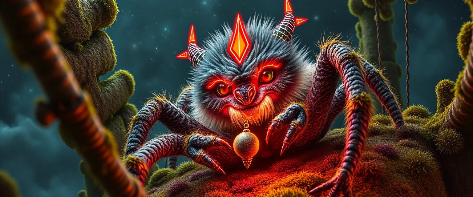 the magical neon face of a fluffy dragon spider yoga with charm in web from mossy tower, master oil painting by Rembrandt and Escher, moss covered space station, brightened edges to give a sense of depth