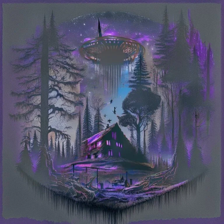 a dark forest with a house in the distance and a ufo in the sky black and purple black metal album