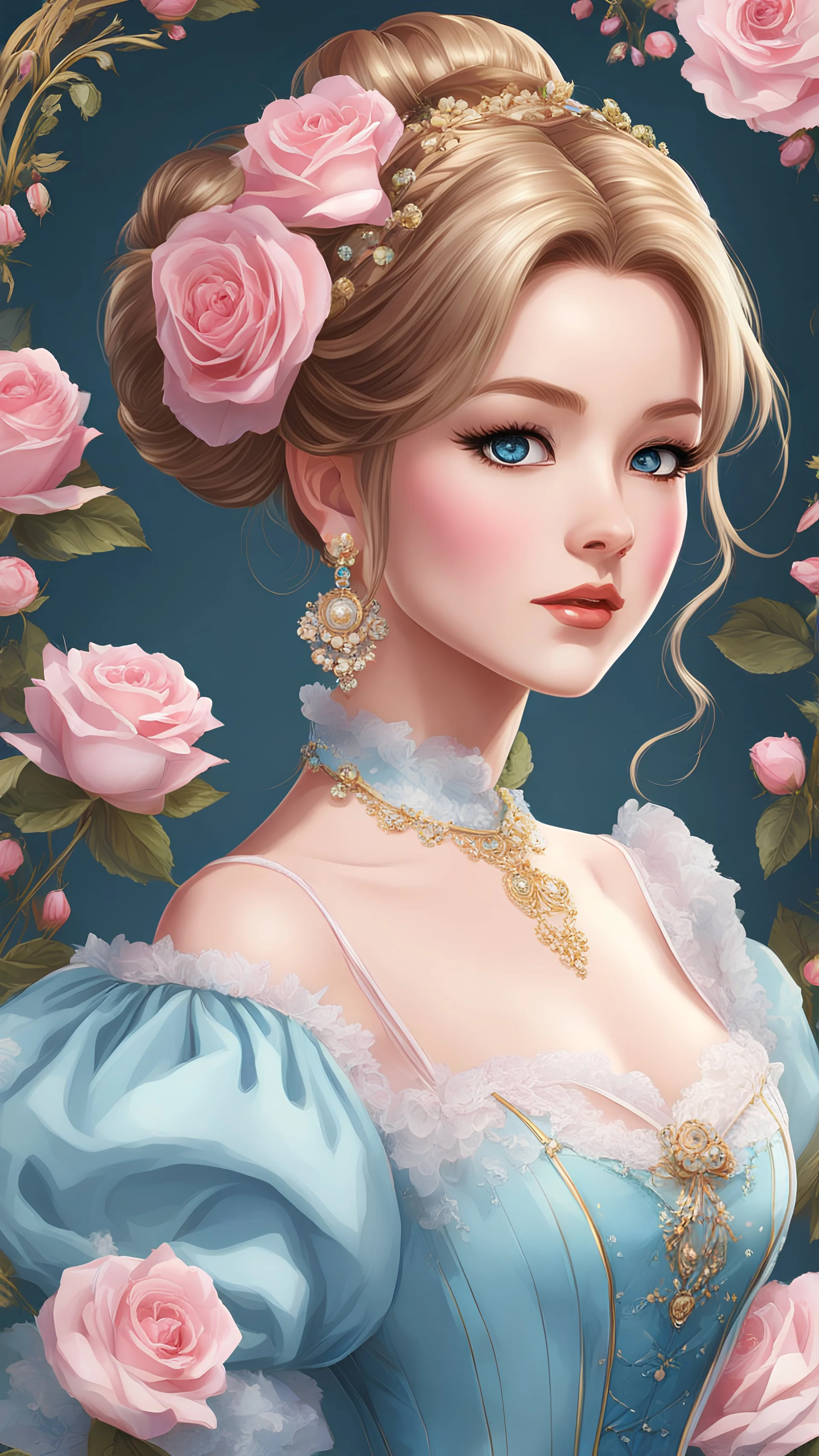 Please create a beautiful illustration of an anime girl with shiny golden chignon hair wearing a light blue Victorian dress. Her eyes should be lovely and captivating. Surround her with pink roses for a touch of elegance and romance.