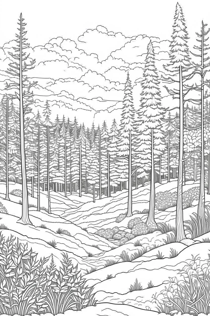 outline art for landscapes coloring pages for adults with forest in winter, white background, Sketch styl, only use outline. Mandala style, clean line art, no shadows and clear and well outlined, Intricate Patterns and Details