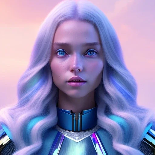 A portrait of a full body crystalised blue pink queen,smiling face, blue eyes, long blond hair, atmospheric, realistic, unreal engine, lighting