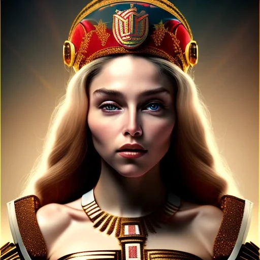 portrait, upper body of grand scam madonna, warm light, small helmet, holding up old scroll, blurred silk background, steam, movie poster illustration art