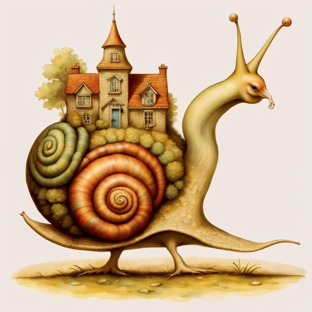 Snail with a fanciful house on its back, anatomically correct, flawless, full body shot by Beatrix Potter, by Eric Kincaid, by Daniel Merriam