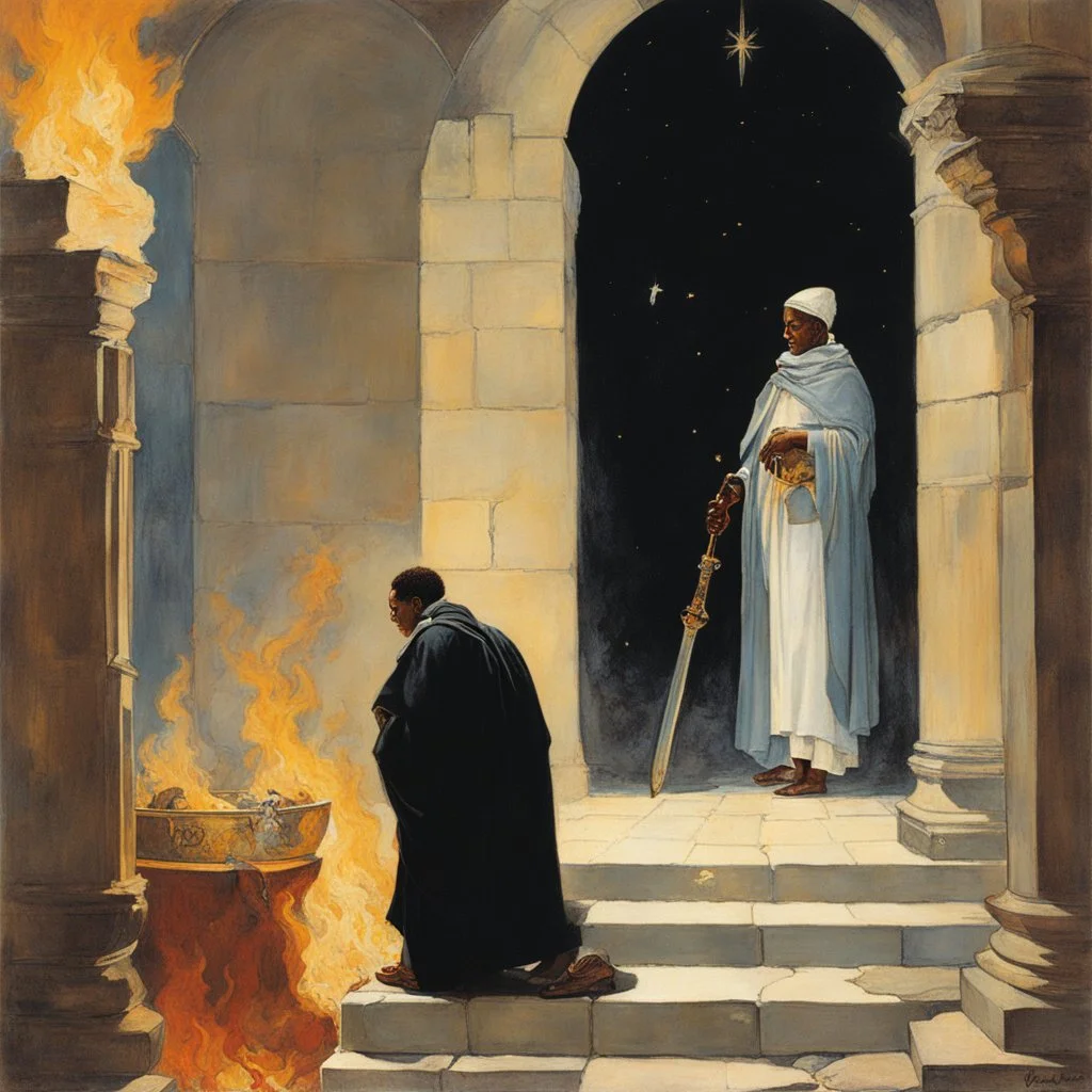 [art by Norman Rockwell] With newfound determination burning in his eyes, Roupinho stepped back, his gaze lingering on the statue of the Black Madonna. Leaving the grotto, Roupinho emerged into the world, his heart aflame with the divine spark that had been ignited within him. And so, the knight set forth on his sacred quest, his destiny intertwined with the miraculous presence of the Black Madonna of Nazaré. The echoes of his pledge reverberated through the hallowed halls of his soul, ignitin