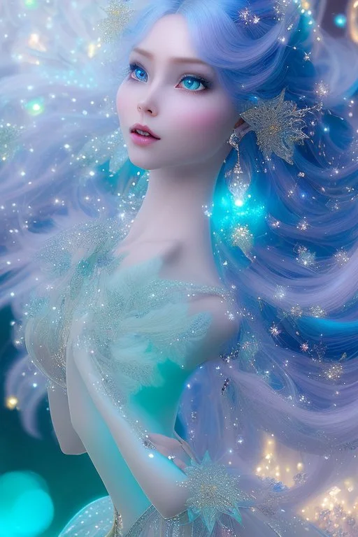 woman glitter blue fairy in a galactic ambiance, long blue hair, detailed gorgeous smile, delicate colors in the foreground, full of details, smooth, light effect，vaporwave colorful, smooth, extremely sharp detail, finely tuned detail, ultra high definition, 8 k, unreal engine 5, ultra sharpBeautyful smiling young woman, long hair amazing blue eyes, flowers, happy cosmic, bright colors, blue, pink, gold, jewels, realistic, photo real, clear sunny background, highly detailed, high contrast, 8k 