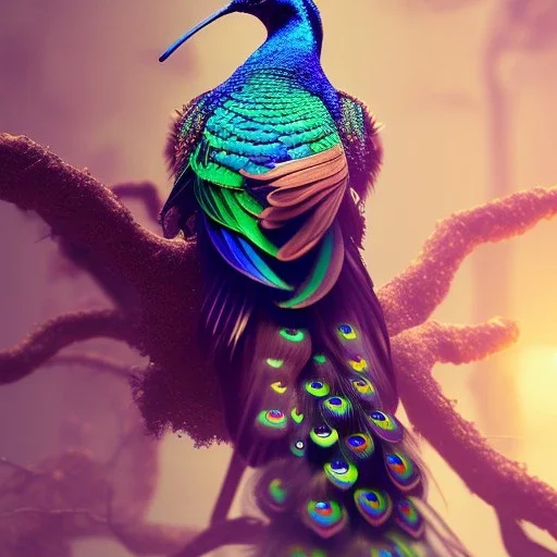 peacock, humming bird, fantasy art, Unreal Engine 5, lens macro,sharp focus, realistic, hyper detailed, studio lighting, neon light ambient