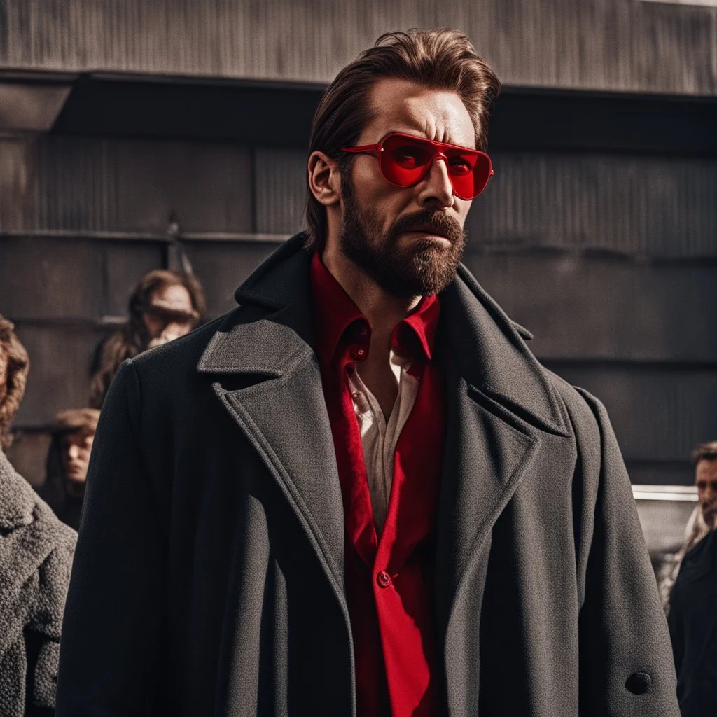 a young man with big muscles who looks like hans gruber wearing a heavy coat and red sunglasses staring with a disgusted look on his face