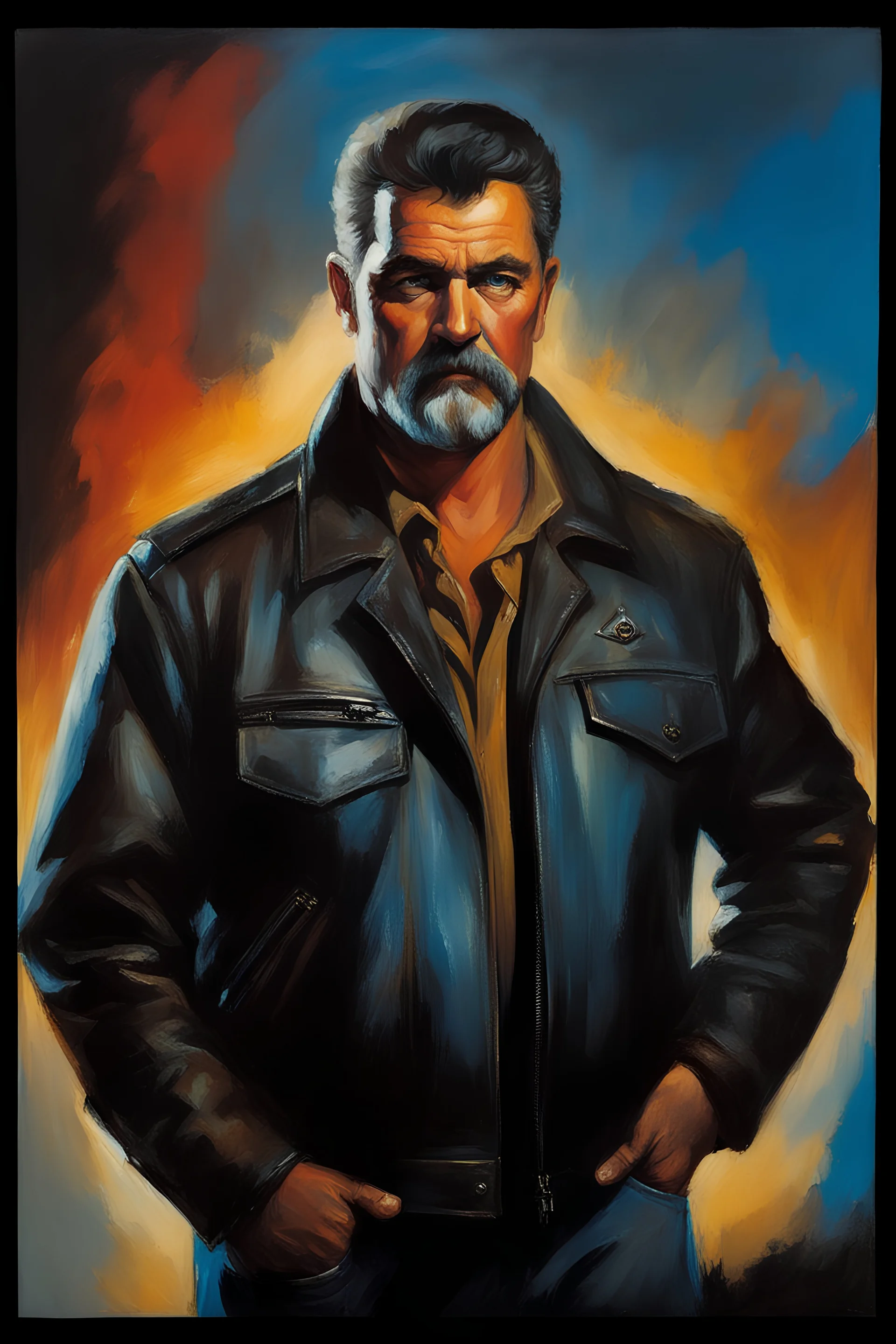 58-year-old man with crew-cut dark brown hair tapered on the sides, gray goatee, blue eyes, overweight, wearing a leather jacket - pitch black background with an overhead spotlight effect, extremely colorful, oil painting by frank frazetta