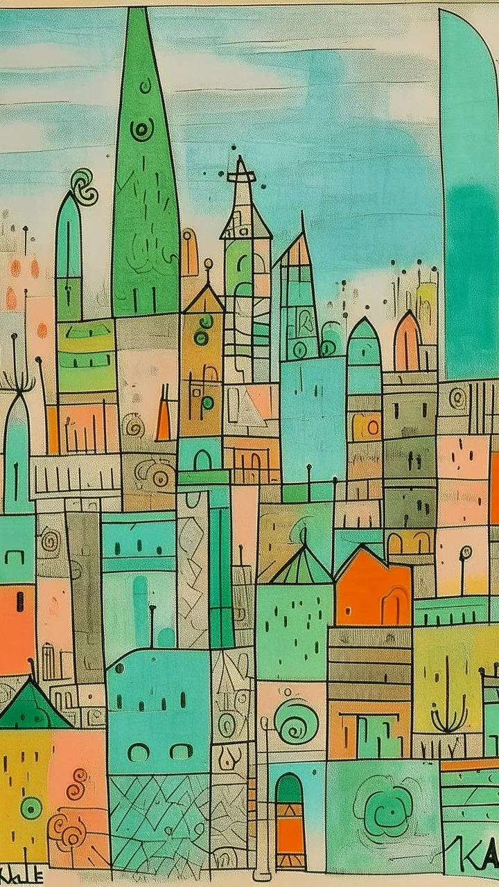 A mint colored noisy metropolis painted by Paul Klee
