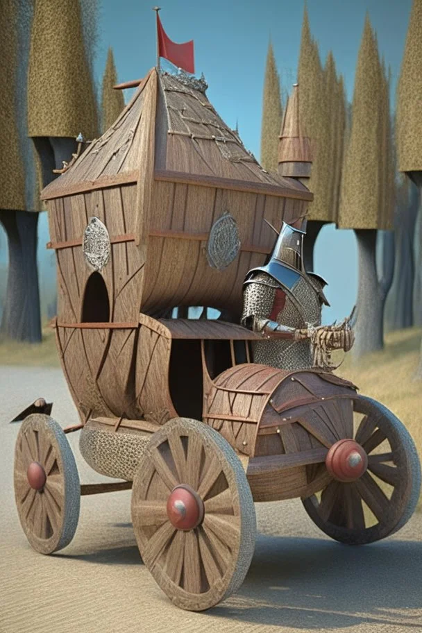 medival car with wooden wheels, driven by a knight