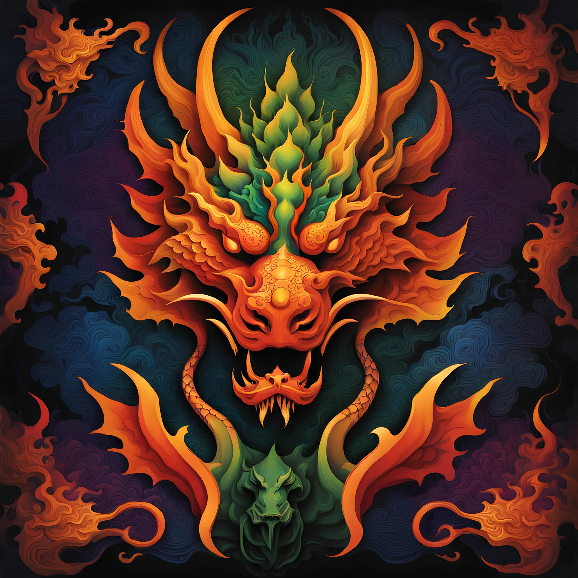 {Rorschach} of ink blots metamorphosizes into a dynamic explosive (chinese golden_dragon: 1.5), front and center, symmetrical, scales, flames, red, illuminated by the iridescence of rainbow colors. The dragon carving is complex and detailed. The colors of the sculpture go from blue at the top to green, then purple and finally orange at the bottom, giving a rainbow effect. The iridescent light shines brightly with fine holographic glitter sprinkled magic