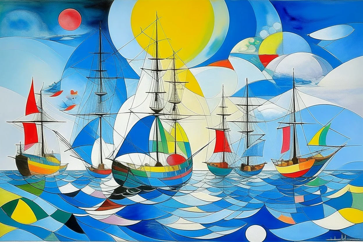 A light blue harbor with ships painted by Wassily Kandinsky