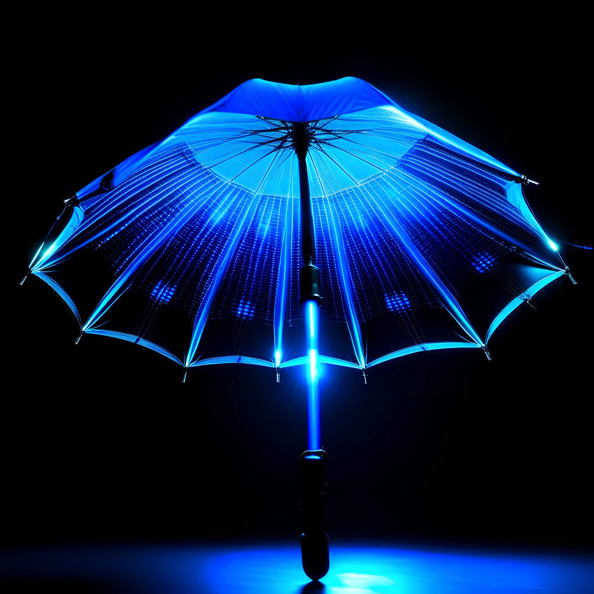 Create a product photo of an umbrella that has the shape of an ufo, can be folded, has 12 poles, glows blue in the dark with a flashlight and led lights all over the umbrella on the pole and a phone on the pole with small sos buttons under the umbrella on the stick