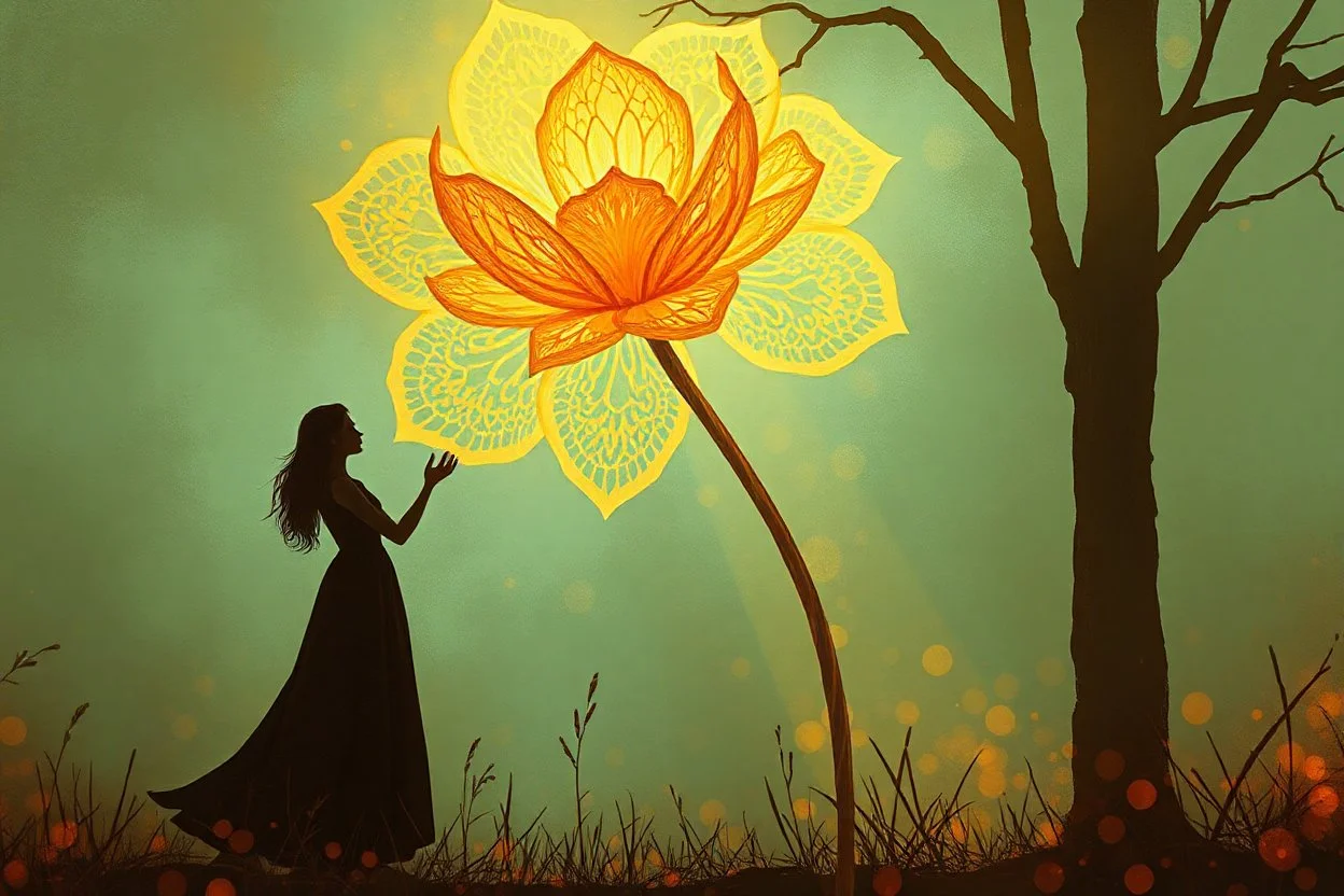 A panoramic mixed-media digital painting in a 3:1 format, filled with warmth and atmosphere. A silhouetted woman stands gracefully on the left, holding a large glowing lace flower made of delicate cream and