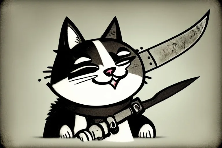 Cat diabolical smiling with a bloody knife with blood. Comic style