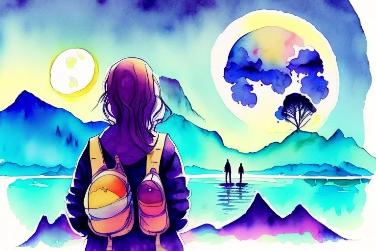 illustration concept art water color style for teenagers in other planet watching the moon and mountains having adventure two teenagers are walking mystery weird cretures mushrooms journey