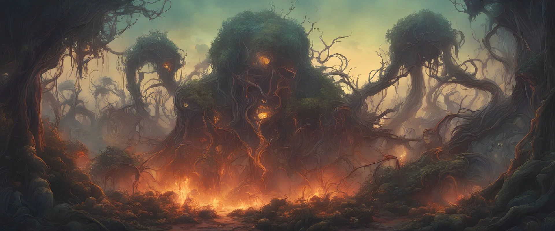 sinister skull-headed masses of tendrils with overgrown vegetation and remnants of civilization. The color temperature is warm, with hints of neon lights illuminating the surroundings.