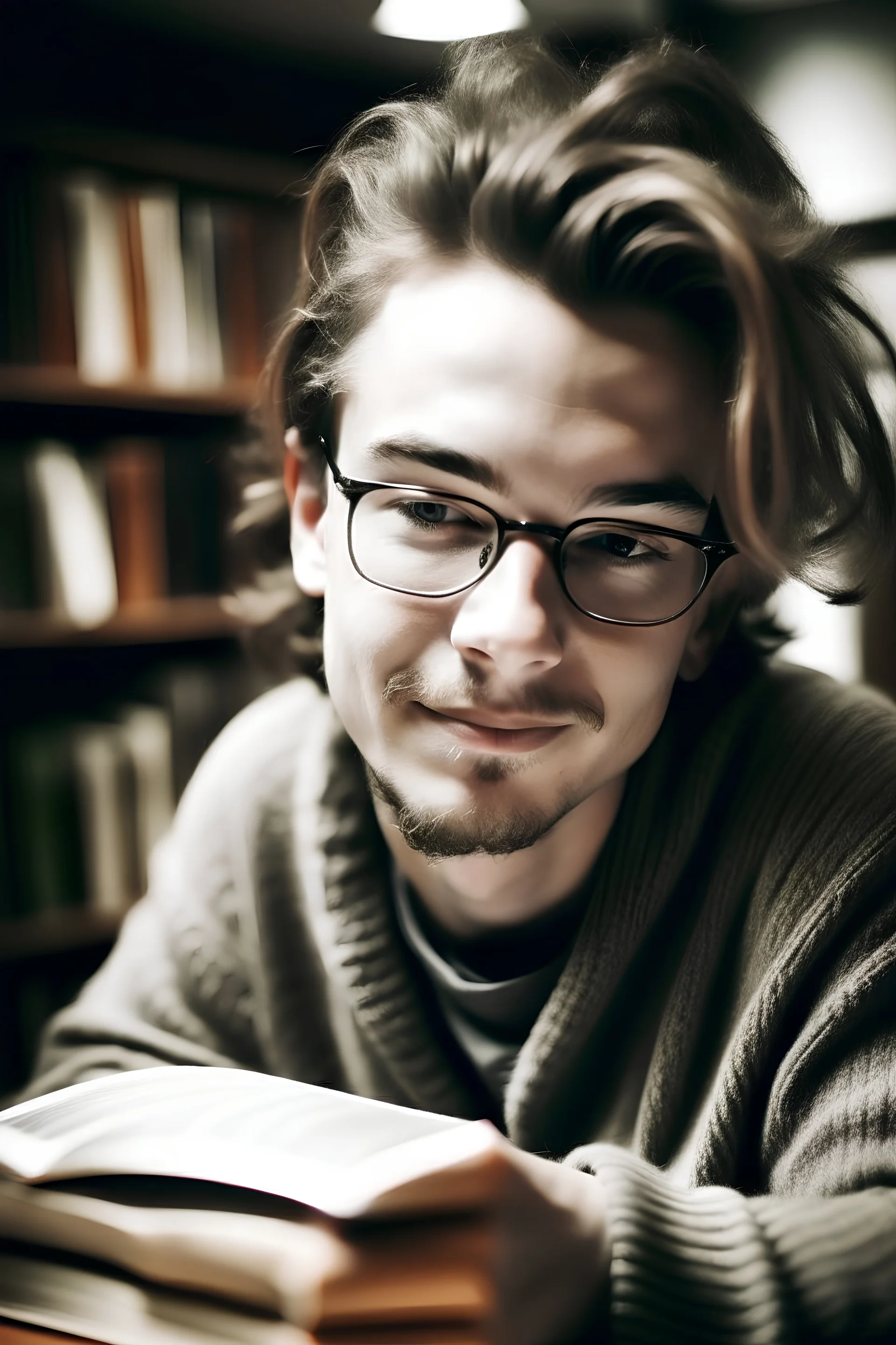 teenager without facial hair, reading a book, eyes looking ahead and a big smile, in a library, smiling, warm atmosphere, blurred background, young, happy，really young, a boy, colourful picture, you can feel the love, younger enough, have no facial hair at all, big smile