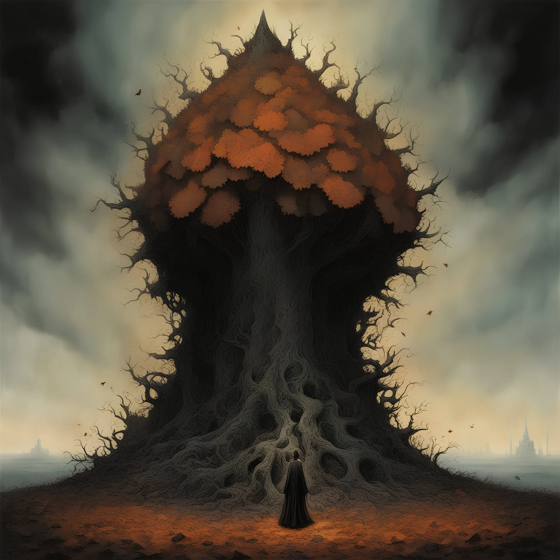 A surreal sentient pile of leaves takes a monstrous form, by Zdzislaw Beksinski, by Dave McKean, by Yves Tanguy, horror art, hyperdetailed modern comic ink illustration, dark autumnal colors and aesthetic.