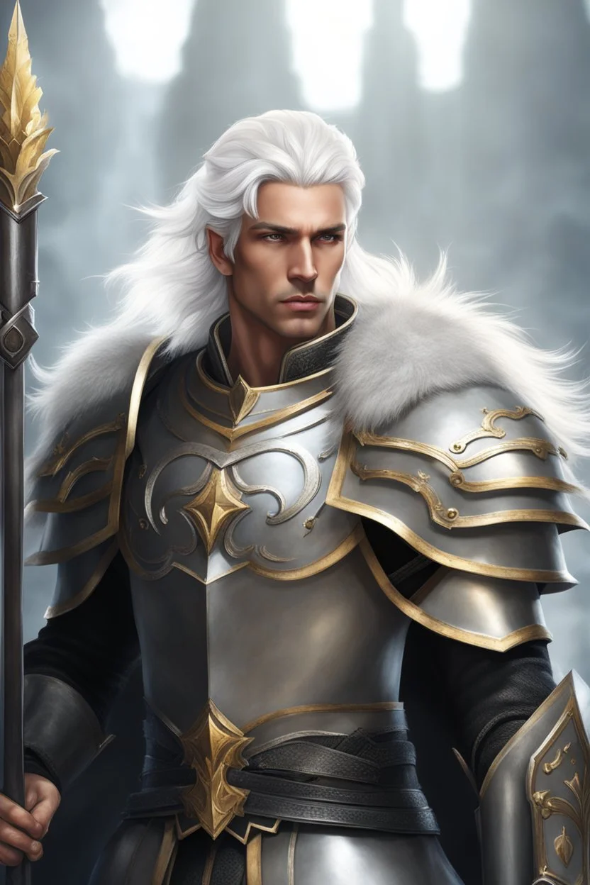 Male Tan Human, White Hair, Handsome Face, Wearing A Crown, Black Heavy Armour, Dark colours theme, Dark Background