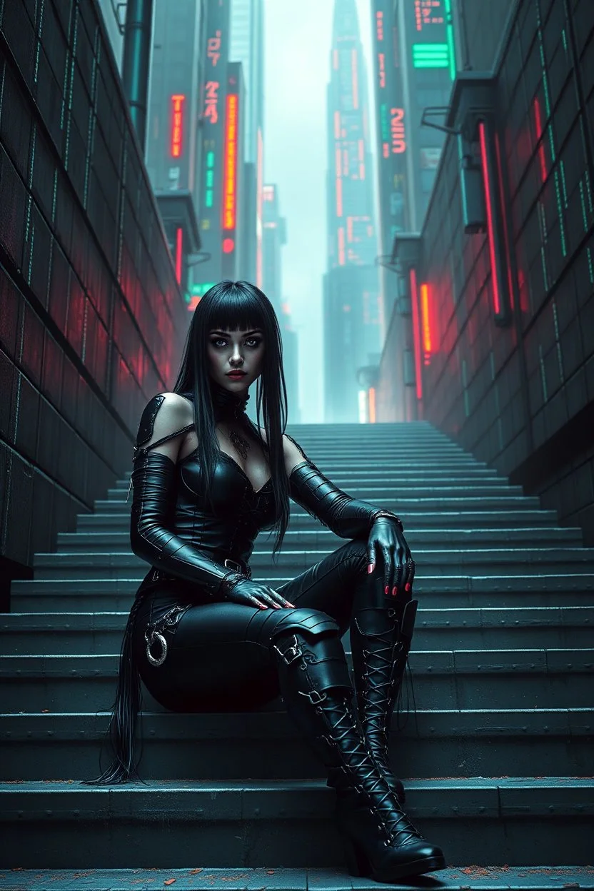 cyber-goth warrior woman in black makeup, black cyber-goth clothes with matrix style sitting by giant stairs , utopistic scifi, dark colors, fashion, random matrix city background, high detailed, high realistic