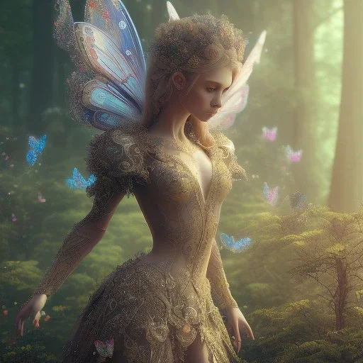 intricate details, realistic, octane,colorfull unreal engine, ,zoomed out + portrait, volumetric lighting, shiny,extreme detail, Photorealism, High detail, Hyper realistic fairy with butterflies in a forest, macro lens blur,abstract paint, sharp,eos5d mark 4, ef 85mm 5.6, focus