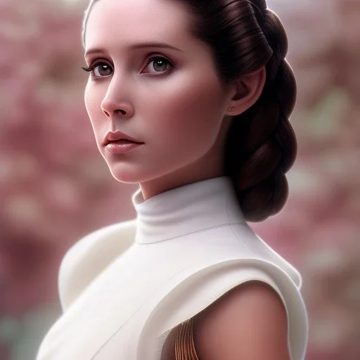 stunning half-body portrait photo of princess leia from Star Wars, hazel iris, wlop, artgerm, akihiko yoshida, and liang xing, detailed face, doe eyes, intricate braided hair style, symmetrical eyes, trending on artstation, highly detailed, white dress, dynamic pose, intricate outfit, space ship and galaxy background