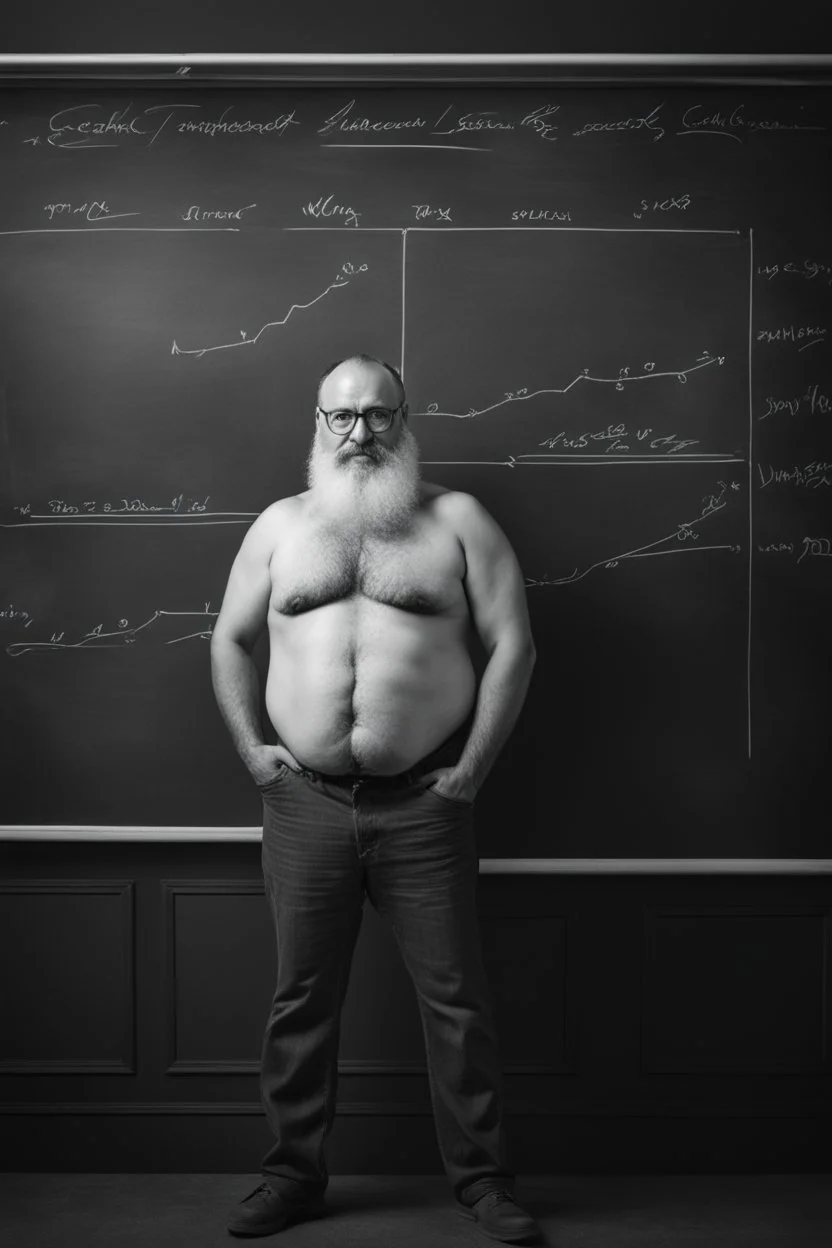 half figure shot photography of a turkish bearded chubby shirtless barechested 44 years old professor in thick glasses, big shoulders, manly chest, standing by completely writed blackboard , front view from the ground, photorealistic, ambient occlusion, side light