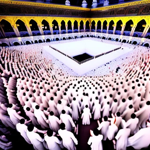 The scene in Mecca: People wearing white Ihram clothes, men without head coverings, women with veils, circumambulating around the Kaaba, and above them are transparent white spirits of children, men, and women with wings revolving around the Kaaba.