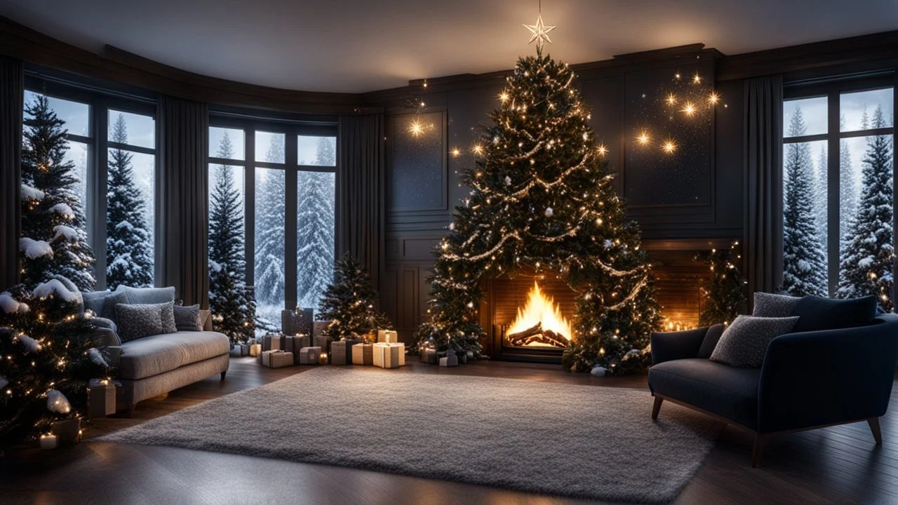 darkness,photoreal, christmas decoration in the big living room , adorned with twinkling lights, in the living room,next to the fireplace,large windows with snowy firs outside,christmas decoration,lights off,cozy,calm,high-quality photograph,otherworldly creature, in the style of fantasy movies, photorealistic, shot on Hasselblad h6d-400c, zeiss prime lens, bokeh like f/0.8, tilt-shift lens 8k, high detail, smooth render, unreal engine 5, cinema 4d, HDR, dust effect, vivid colors,night