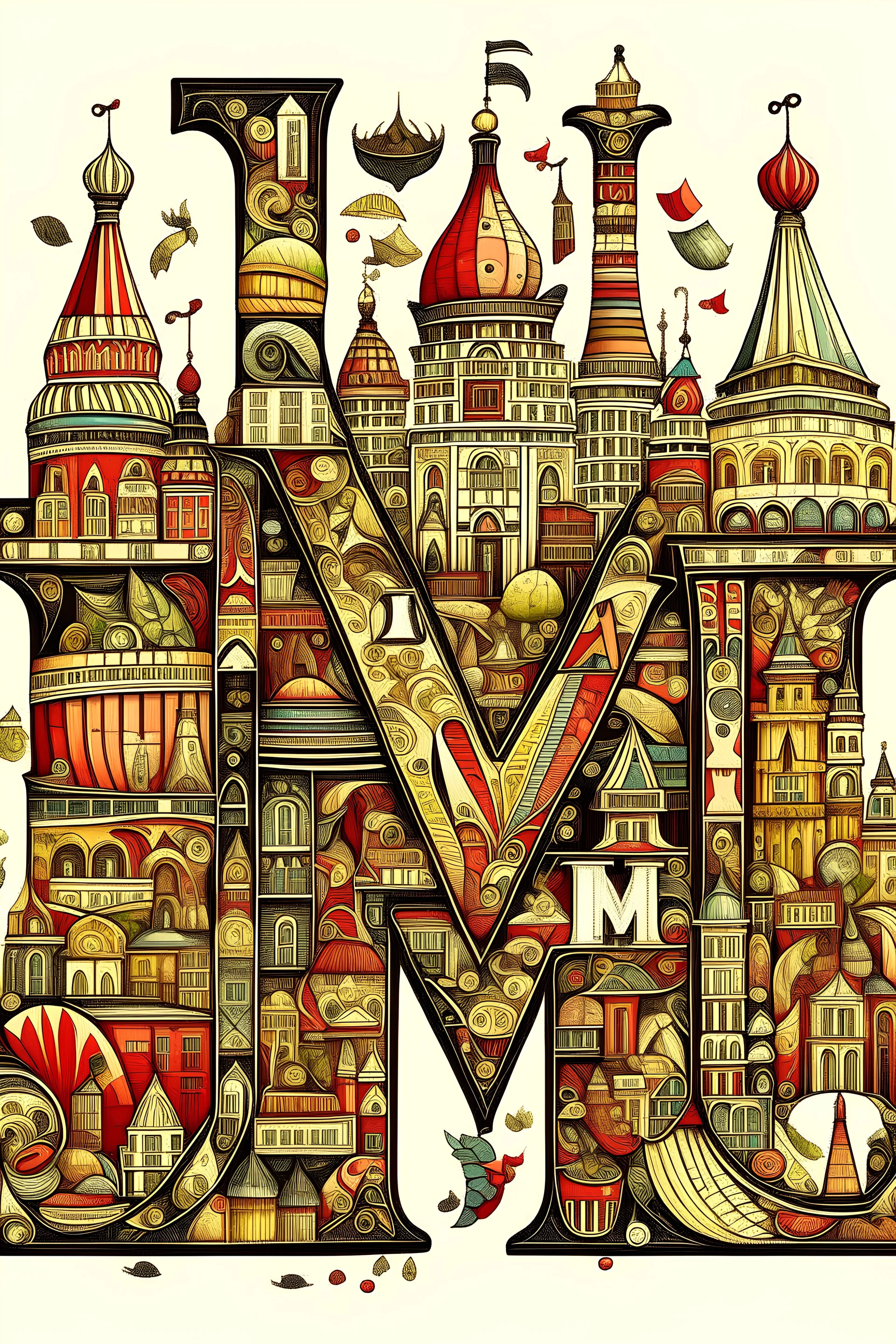 The letter M is made up of many different images of Moscow, Russia.