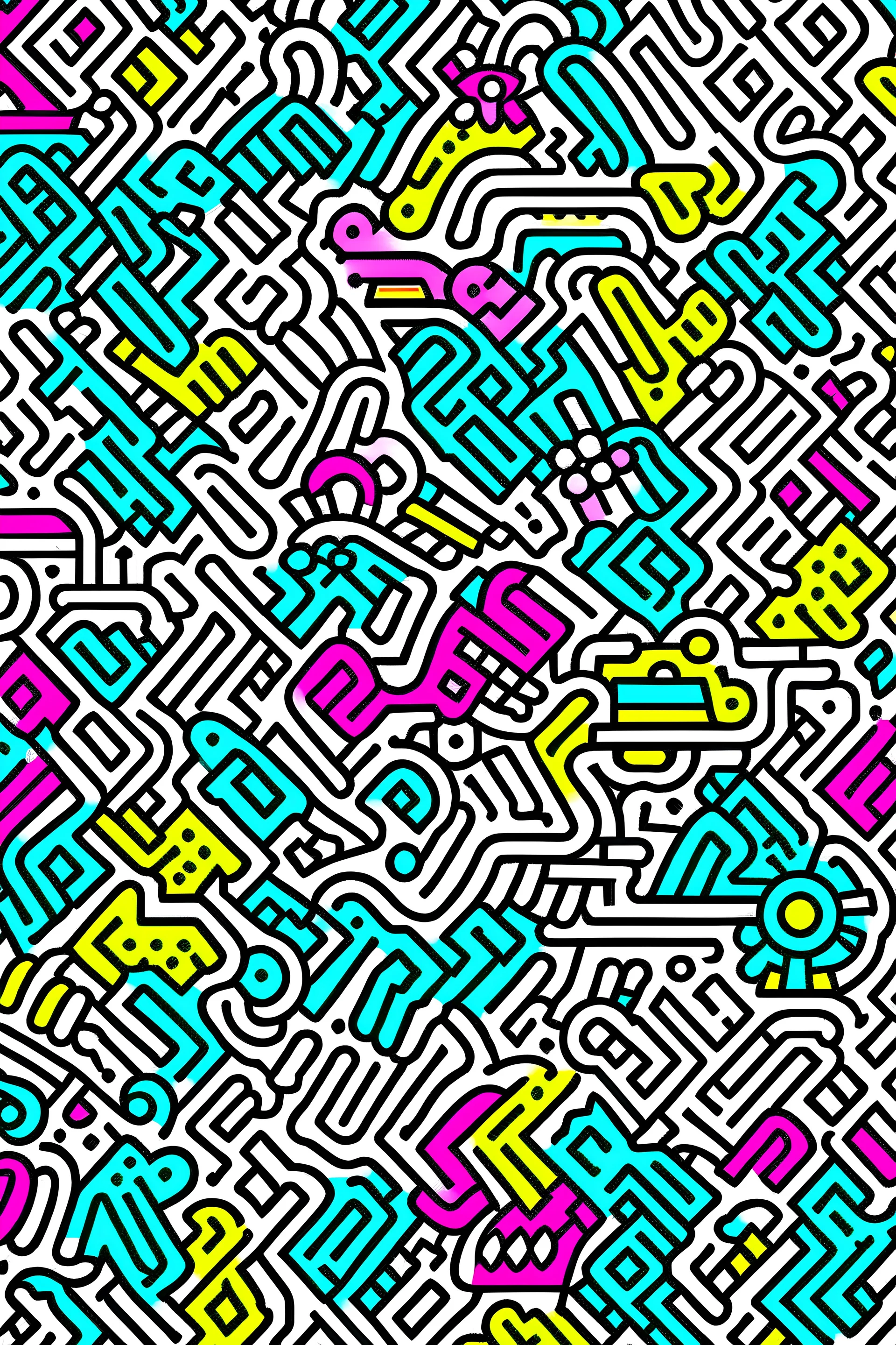 A vector line art image in the style of Keith Haring, with dozens of tiny abstract icons, using a single line weight. The color palette should heavily feature the colors cyan, magenta, yellow, and black, with a white background. The image should be low contrast with excessive white space.