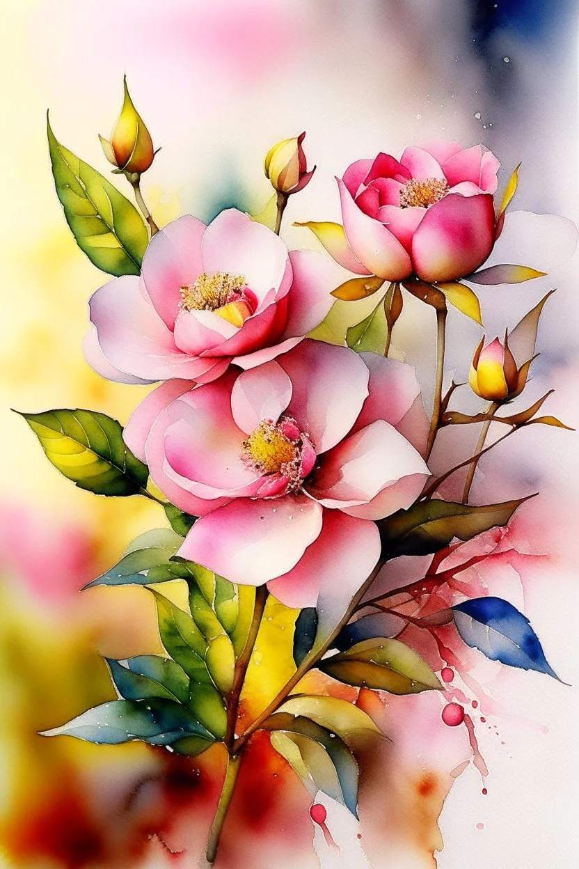 English watercolor, ink drawing. A bush of blooming pink and white rosehip in full size in height. A small drawing. Glitter, small diamond sequins. Pink, silk, milk, mother of pearl. Foliage. The background is a hazy haze. Softness, tenderness, SGI, octane rendering, megapixel extension 1028k ultra HD. volumetric, 5d, blue background