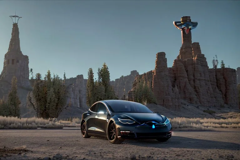 A Tesla 'Model Y' is parked, near the 'Devils Tower' in Wyoming. (CINEMATIC, WIDE ANGLE LENS, PHOTO REAL)