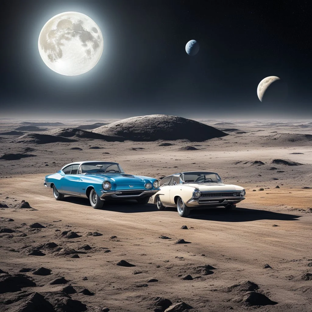 a fast food drive in on the moon, moon landscape with the earth in the back, moon cars are waiting to be served, photorealistic, full color