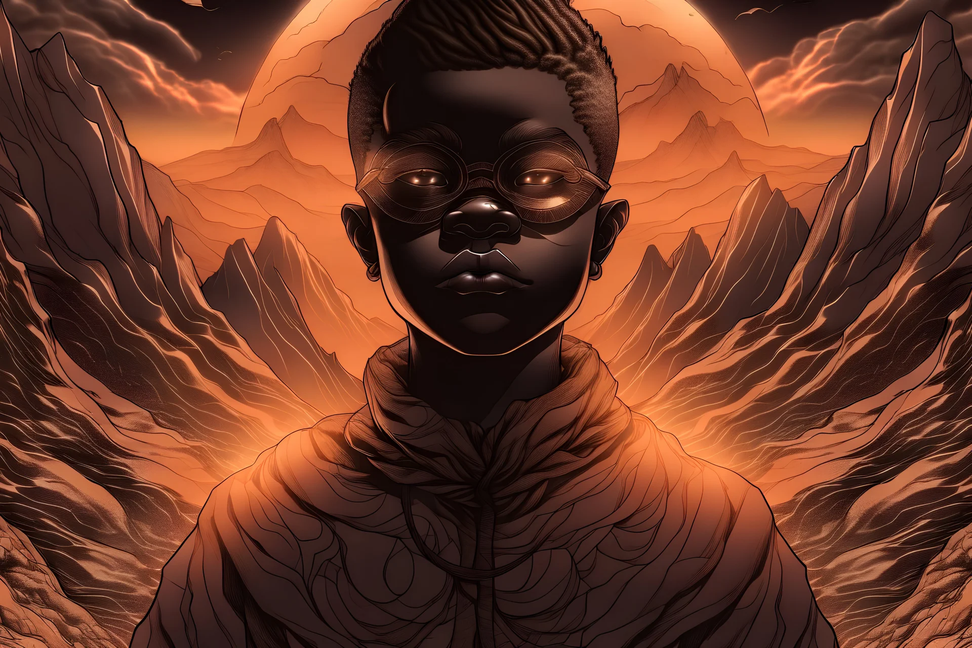 Detailed sketch in monochromatic of a teenage African boy in burnt clothing surrounded giant glowing mask on a mountain