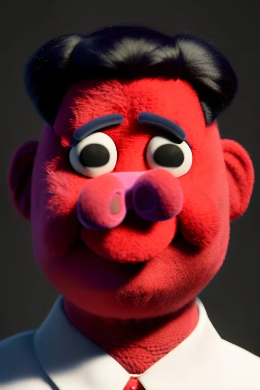 Waist up muppet Portrait, Kim Jong-un as muppet doll, black suit, photo studio, red background, unreal engine 5, concept art, art station, god lights, ray tracing, RTX, lumen lighting, ultra detail, volumetric lighting, 3d.